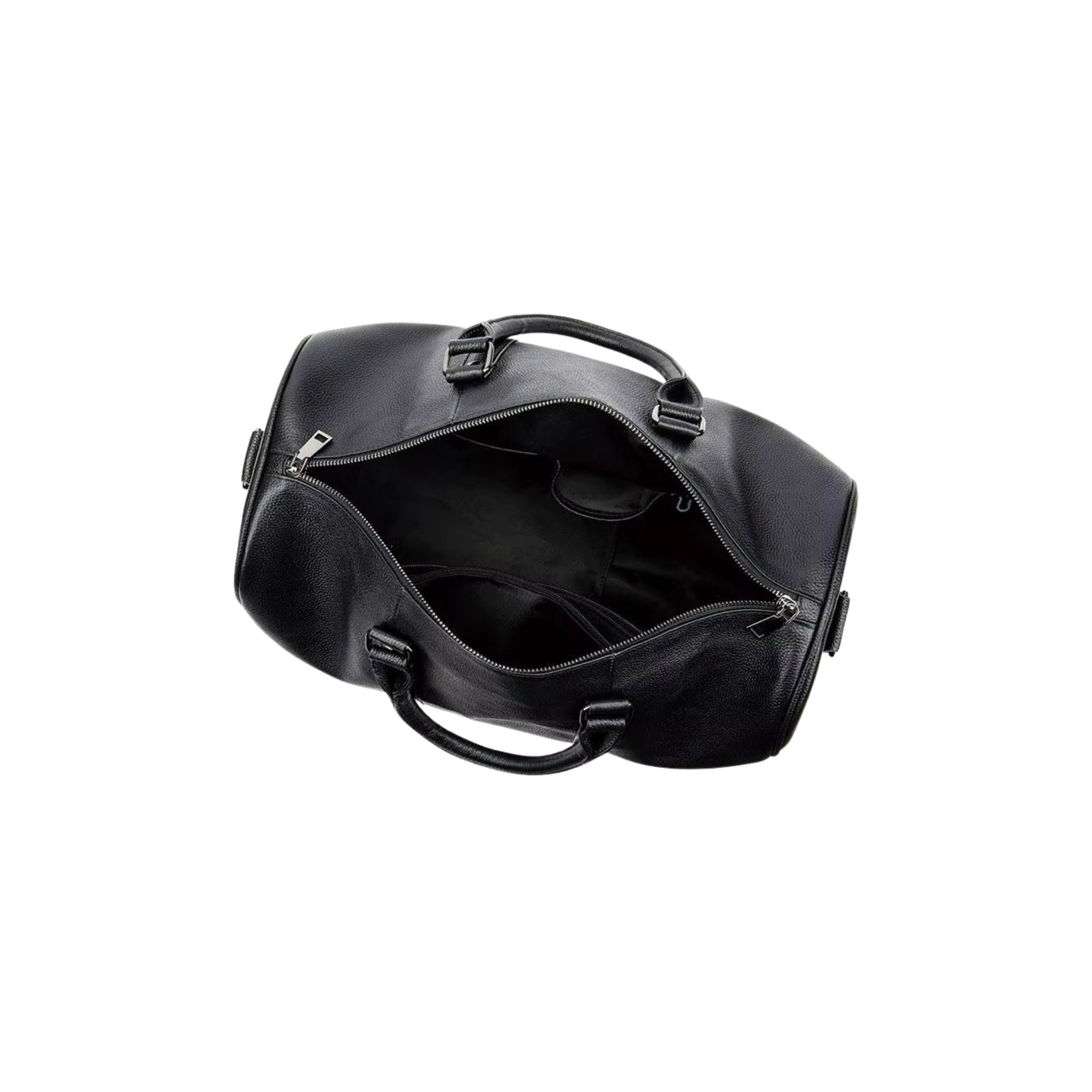 VUOTÍGA black leather duffel bag open on a white background