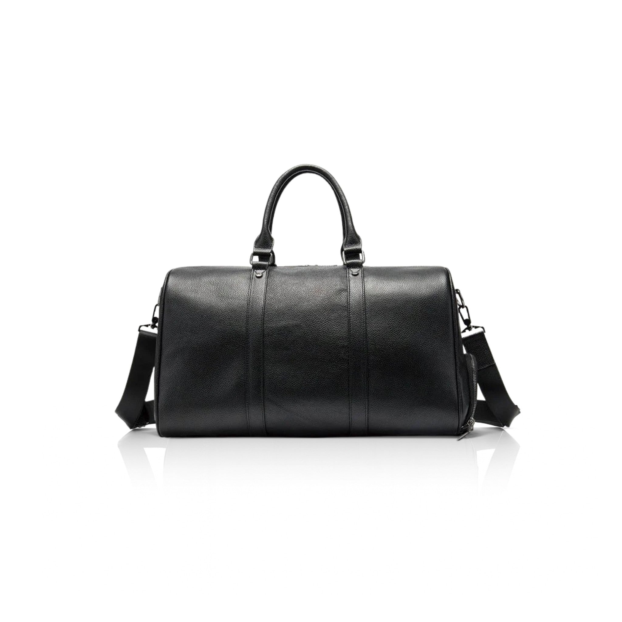 VUOTÍGA black leather duffel bag on a white background
