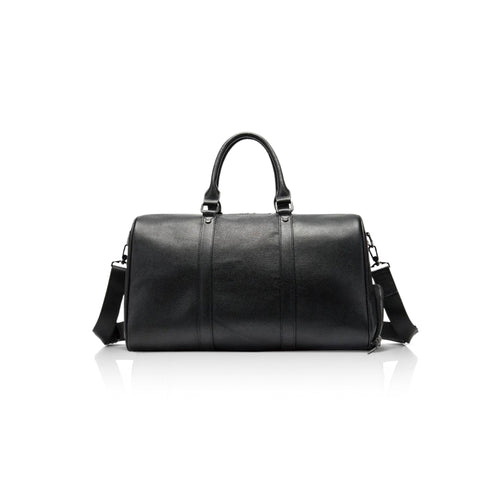 VUOTÍGA black leather duffel bag on a white background