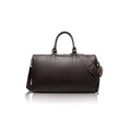 VUOTÍGA coffee top-grain leather duffel bag with a shoulder strap on a white background