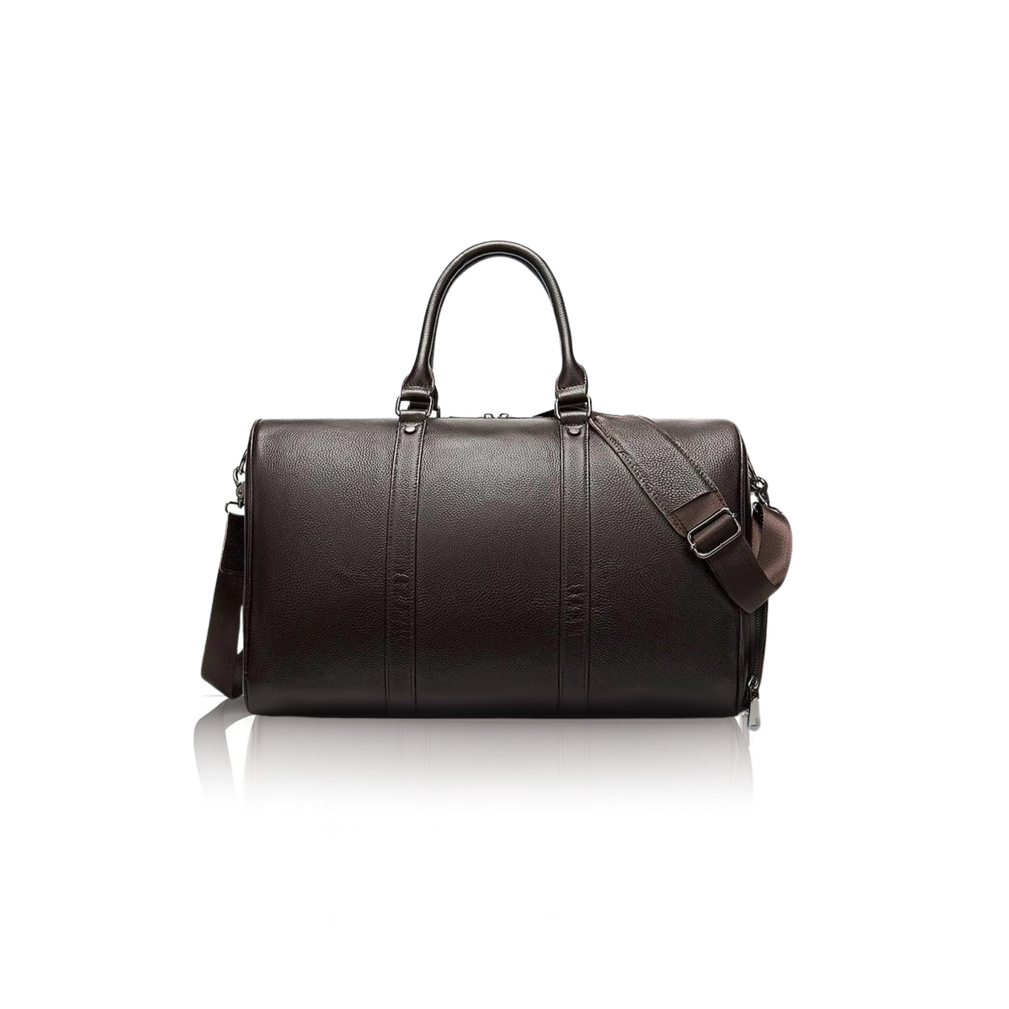 VUOTÍGA coffee top-grain leather duffel bag with a shoulder strap on a white background