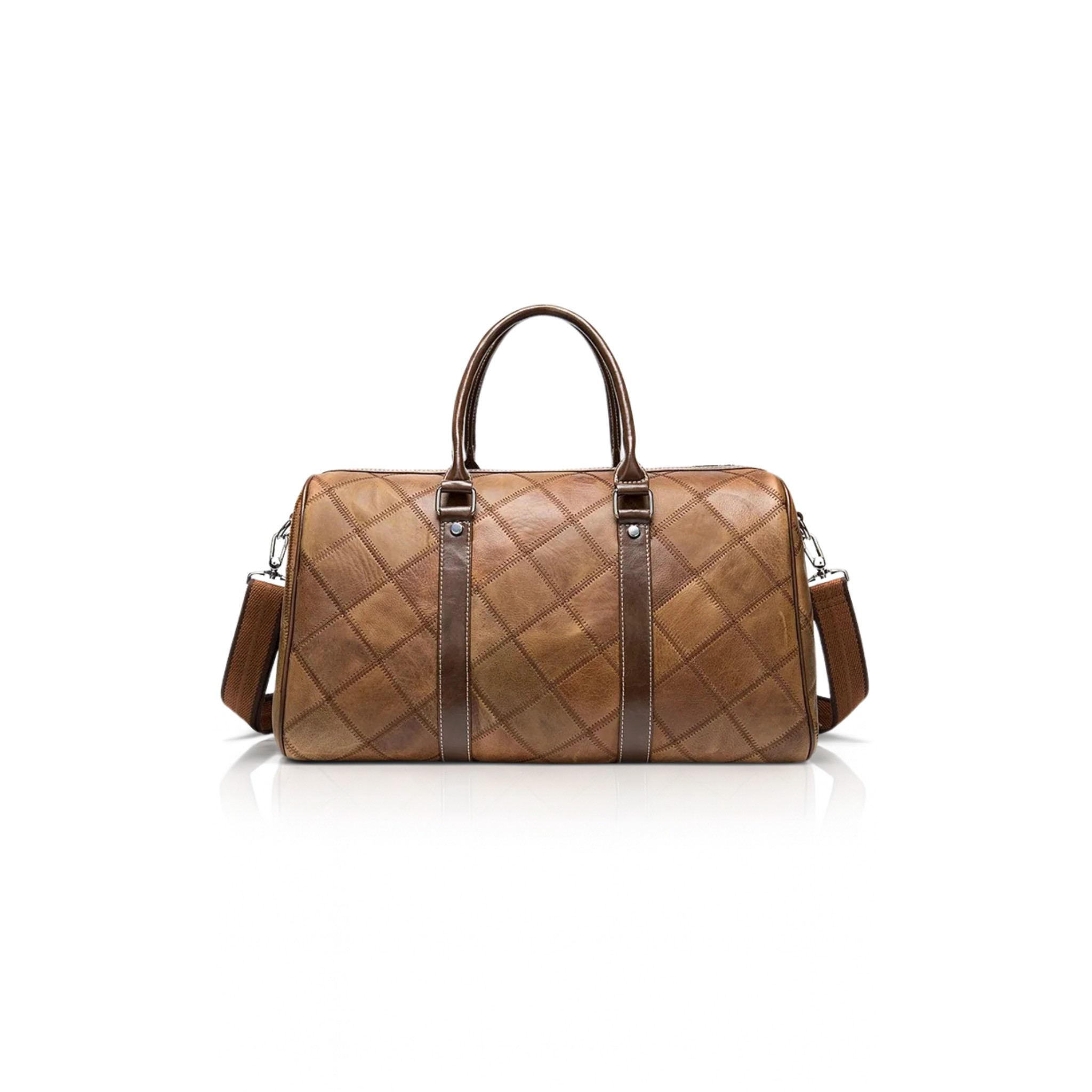 VUOTÍGA light brown quilted leather duffel bag on a white background
