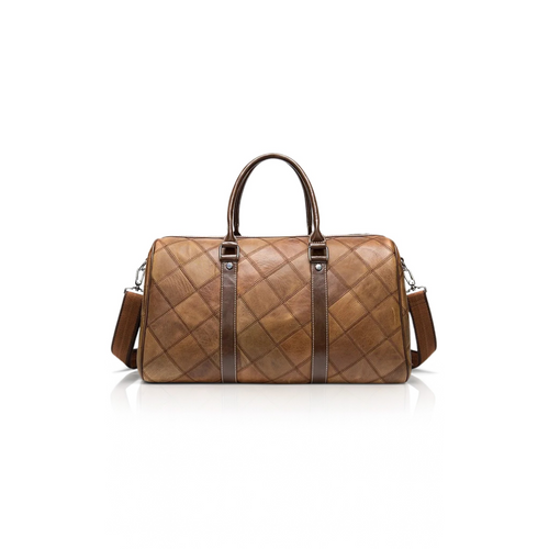VUOTÍGA light brown quilted leather duffel bag on a white background